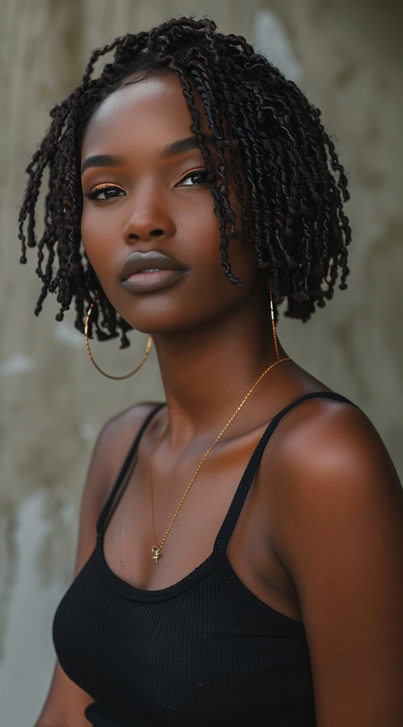 Portrait of a woman with natural-looking crochet twist bob wearing a black top and gold jewelry.