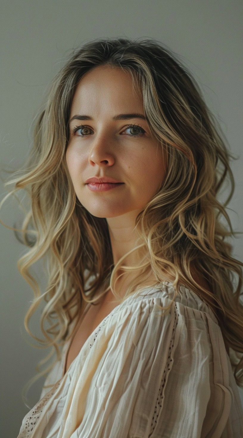 Side profile of a woman with long, natural loose waves, wearing a white blouse.