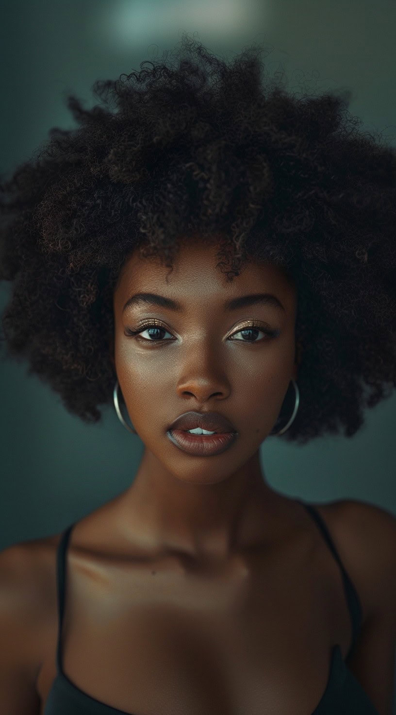 A medium-sized afro styled naturally on a woman with hoop earrings and a black top.