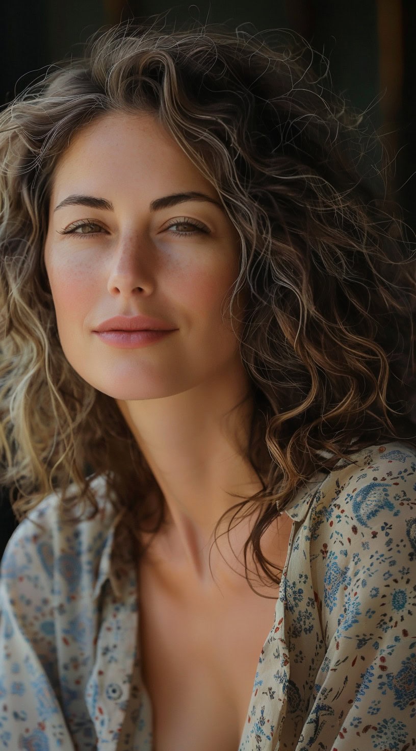 Natural mid-length curls on a woman with light brown hair, showcasing a voluminous and defined curly texture.