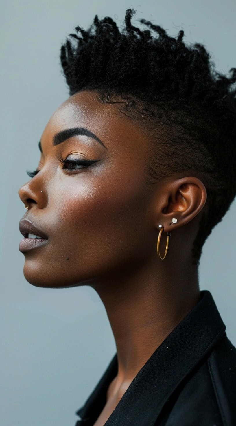 A side profile of a woman with a natural pixie cut, highlighting her delicate features.