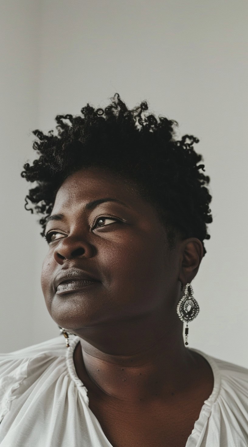 This image shows a black woman with a natural textured frohawk, her hair styled up and voluminous with tight curls.