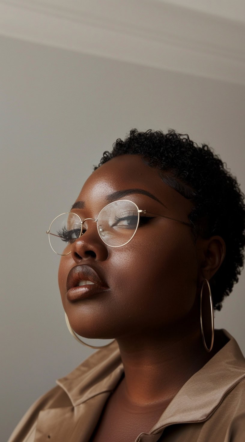 This image shows a black woman with a natural teeny weeny afro, perfectly complementing her round face.