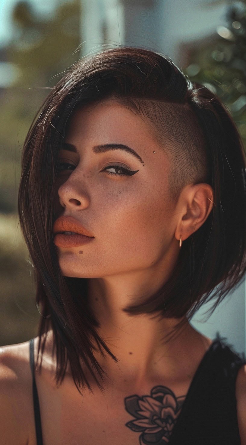 In this photo, a woman with a sleek lob and one side shaved looks confidently into the camera.