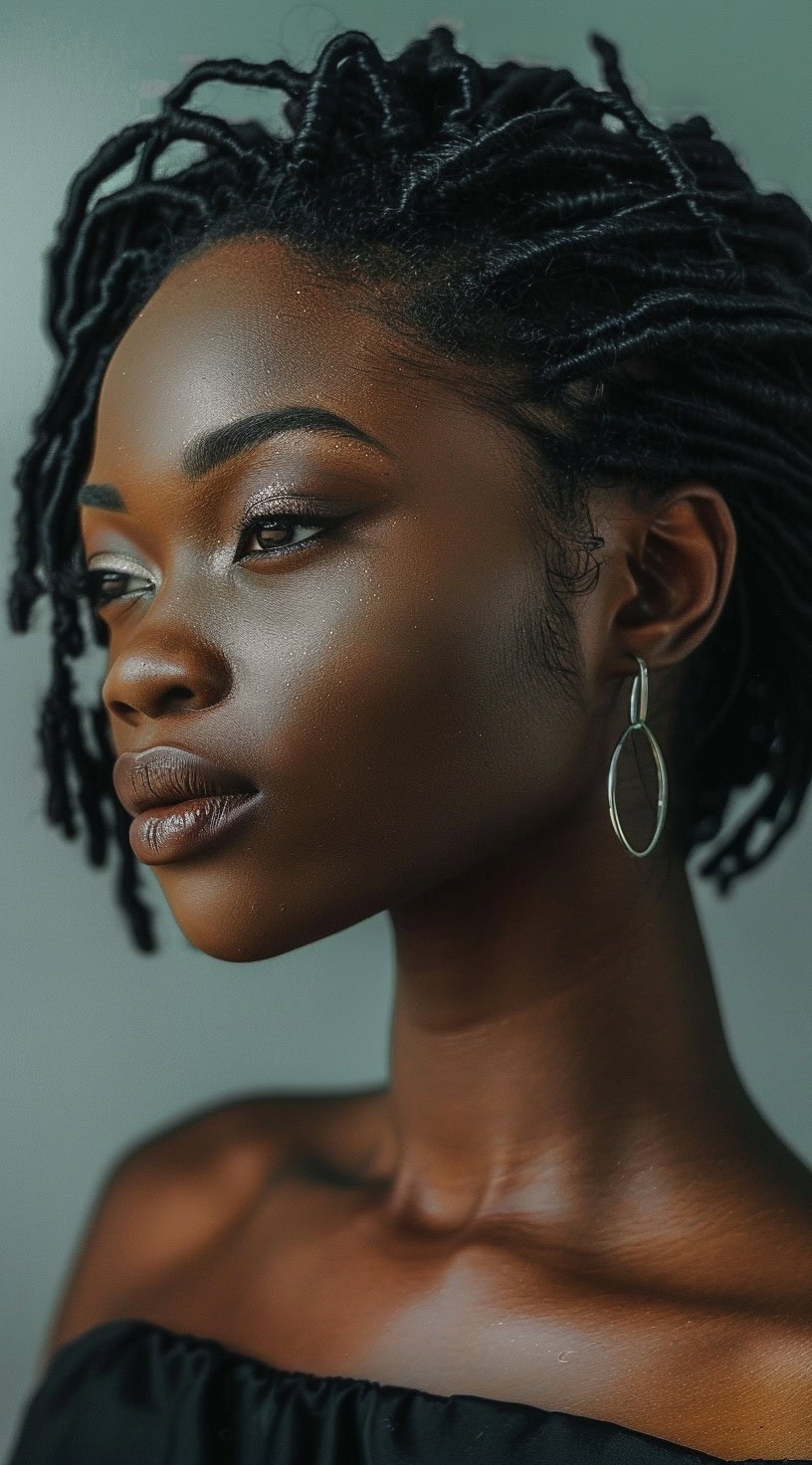 In this photo, a woman with a one-side slicked locs bob gazes forward, emphasizing the sleek and polished finish of her hairstyle.