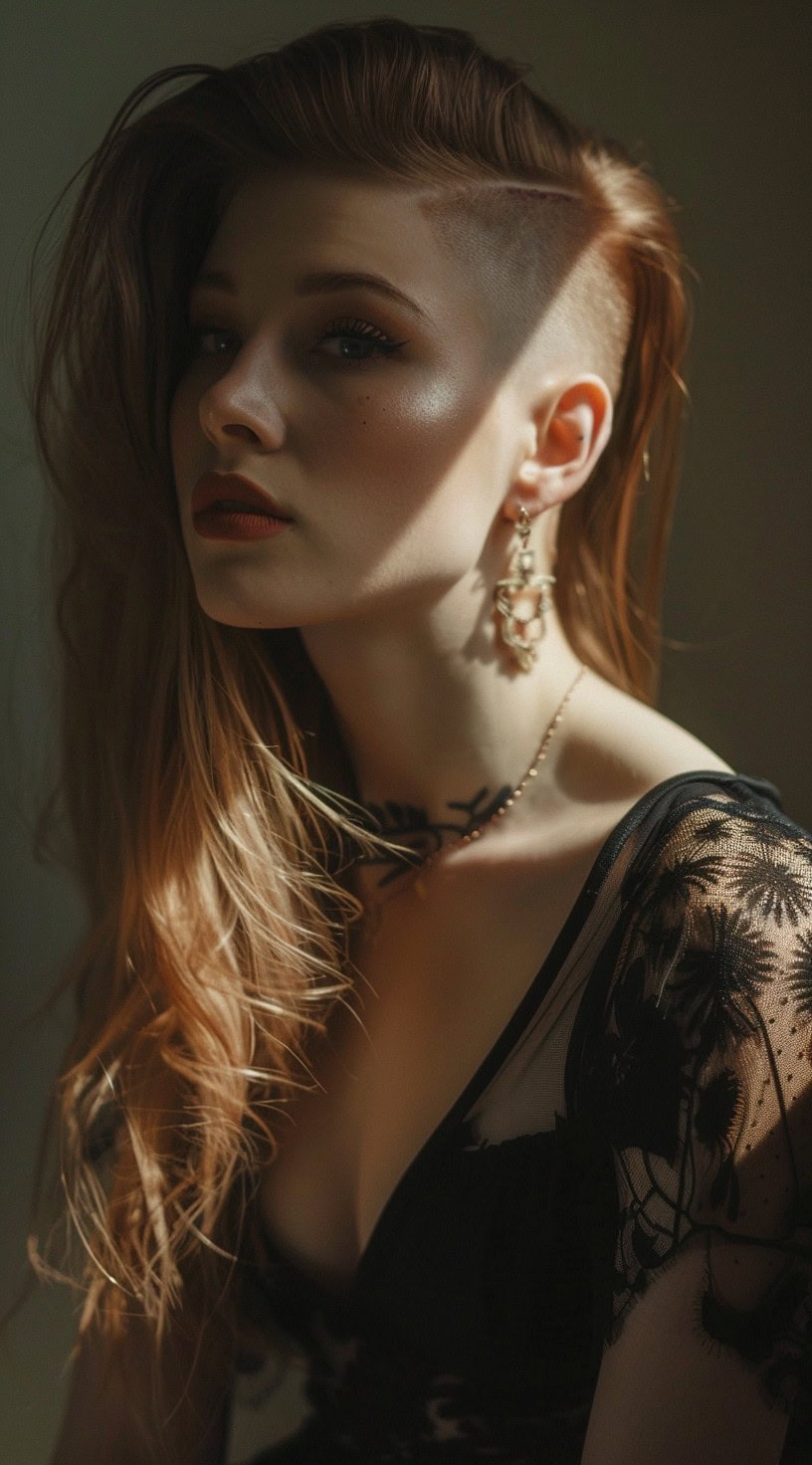 A woman with a dramatic hairstyle featuring an undercut on one side and long, layered hair on the other.