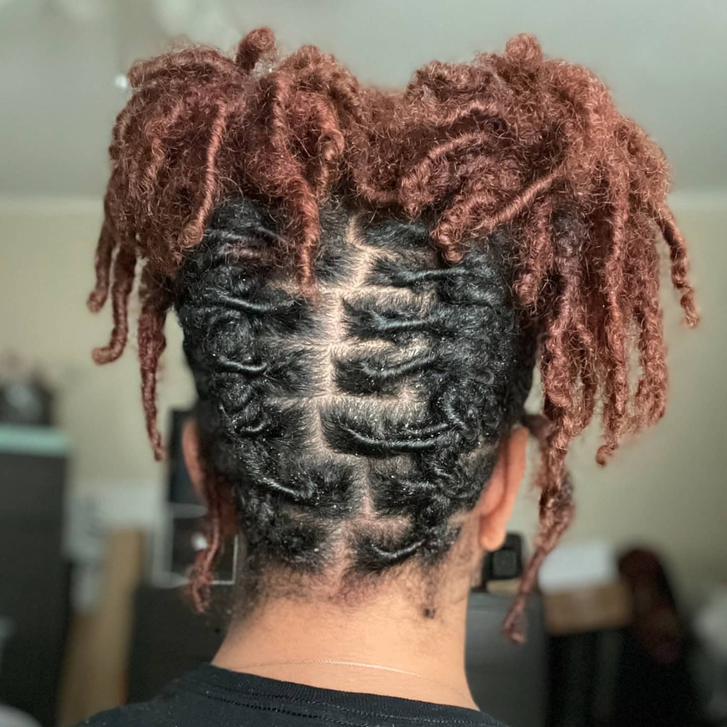 A person with two-strand twist locs styled into an updo with defined partings.