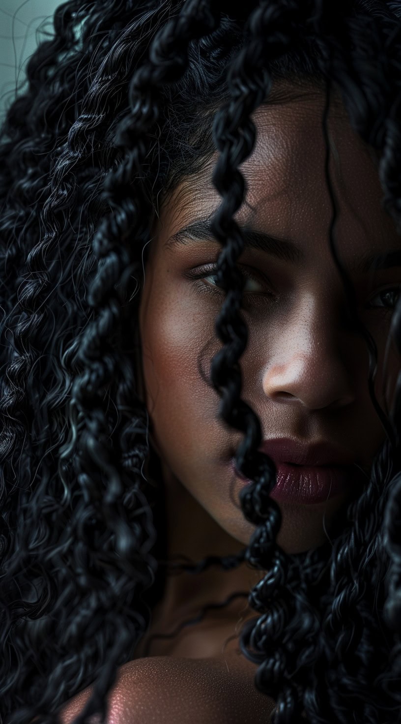 Passion twists are long, curly twists with a defined texture, shown on a woman with a focused expression.