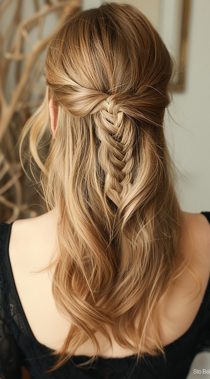 This image depicts a half-up hairstyle with a peekaboo fishtail braid and layered hair.