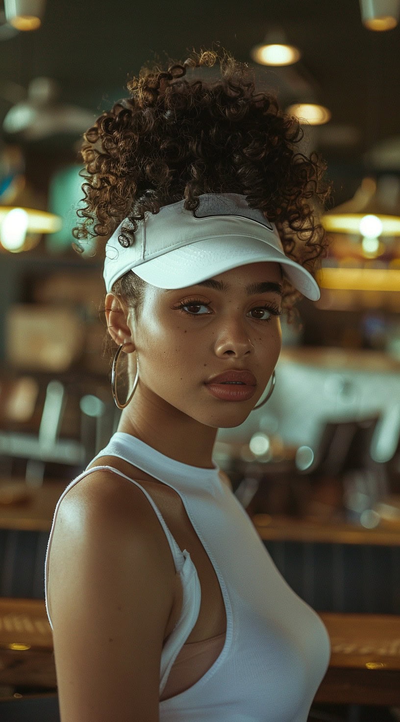 Close-up of a woman with a pineapple updo and natural curls, wearing a white visor.