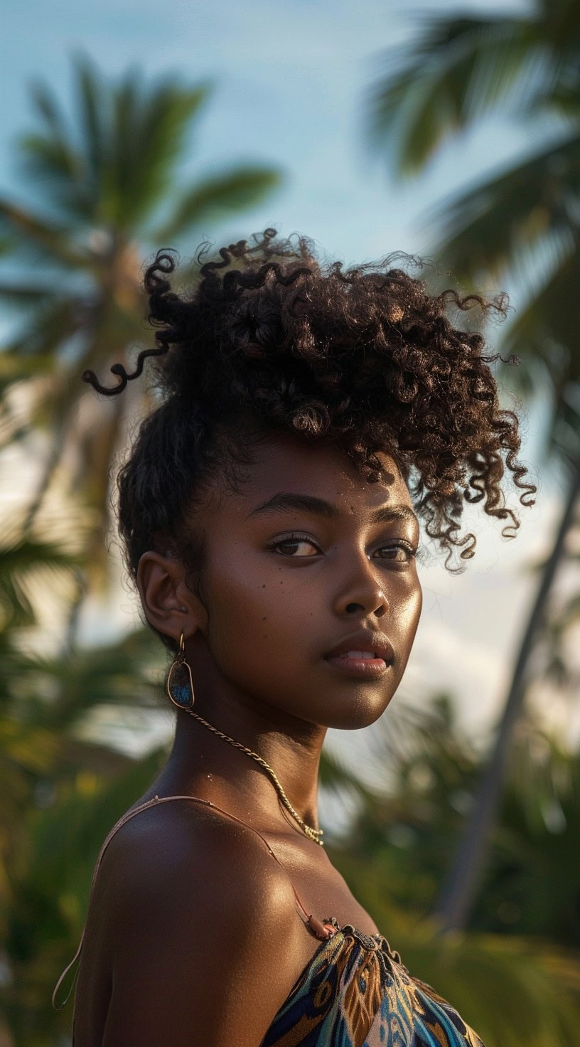 In the photo, a woman with a high, curly pineapple updo stands among palm trees.