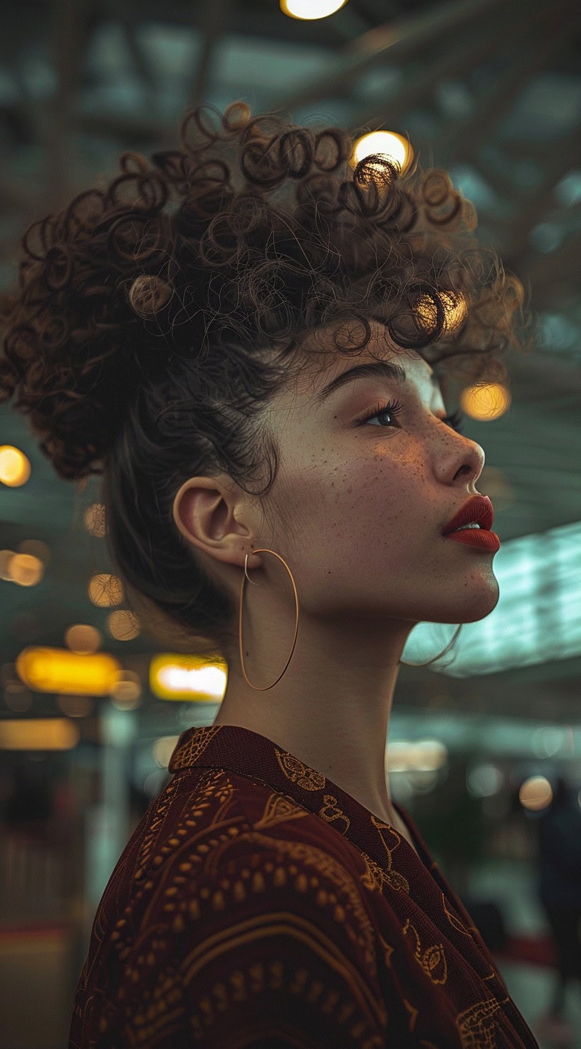 This photo shows a woman with curly hair styled into a pineapple updo.