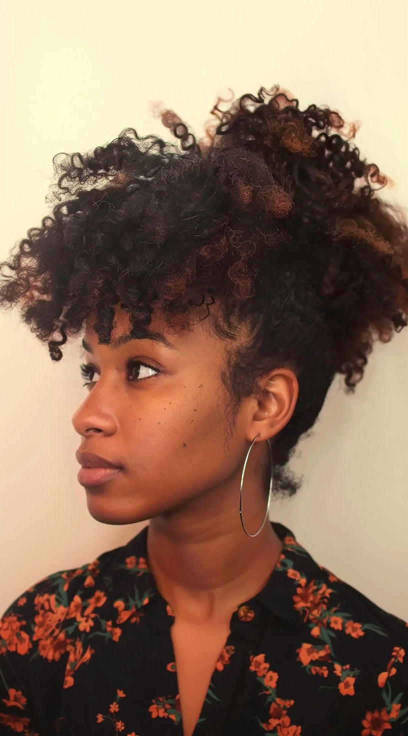 Pineapple updo with voluminous curls gathered on top, shown in a side profile on a woman with hoop earrings.