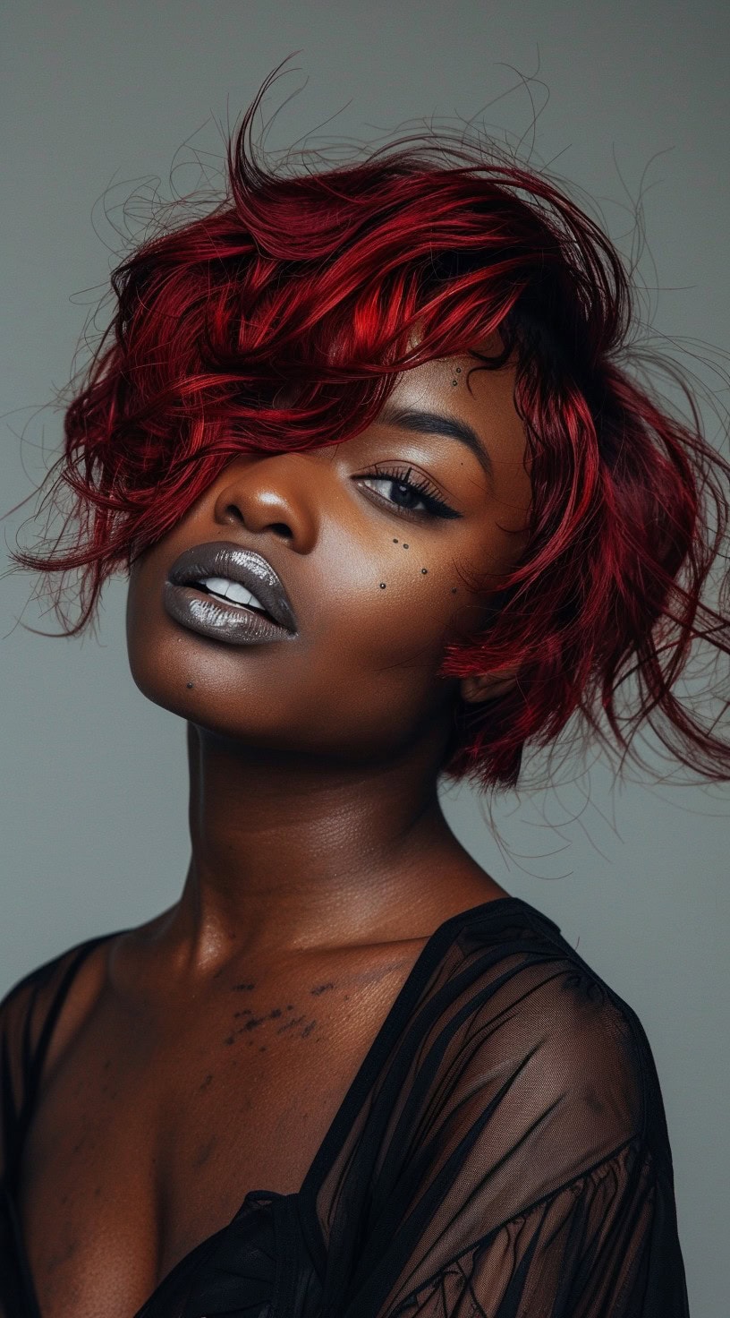 In the photo, a woman with a tousled red pixie bob is shown.