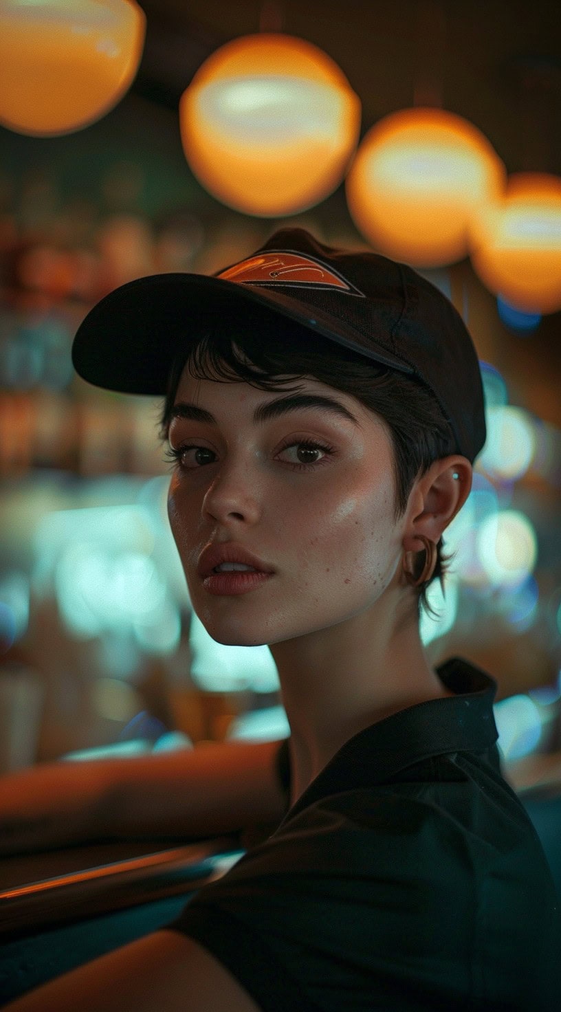 Close-up of a woman with a pixie cut and side-swept bangs, wearing a black baseball cap.