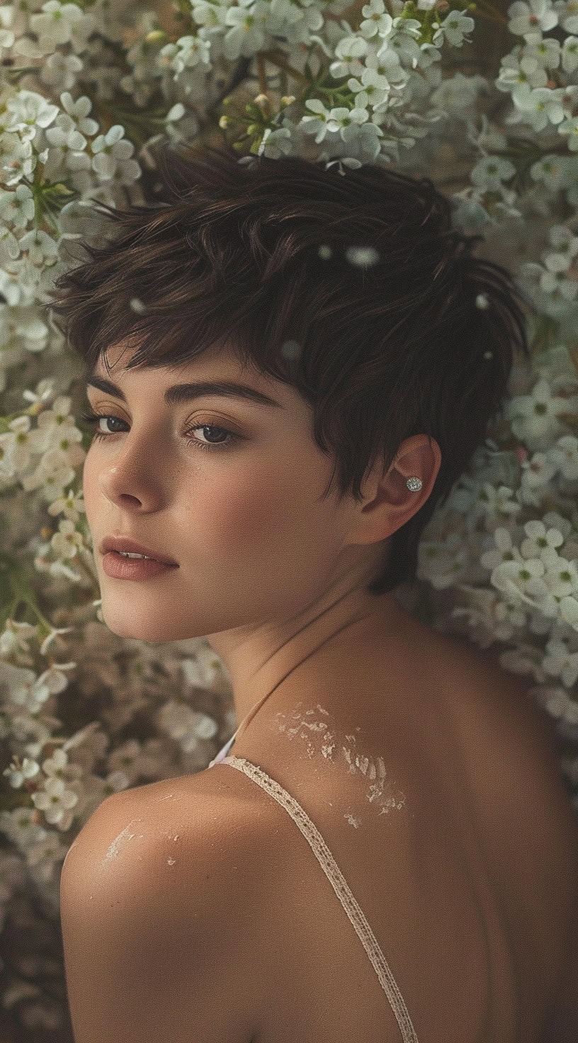 In this photo, a woman with a short pixie cut and surrounded by white flowers looks back over her shoulder.