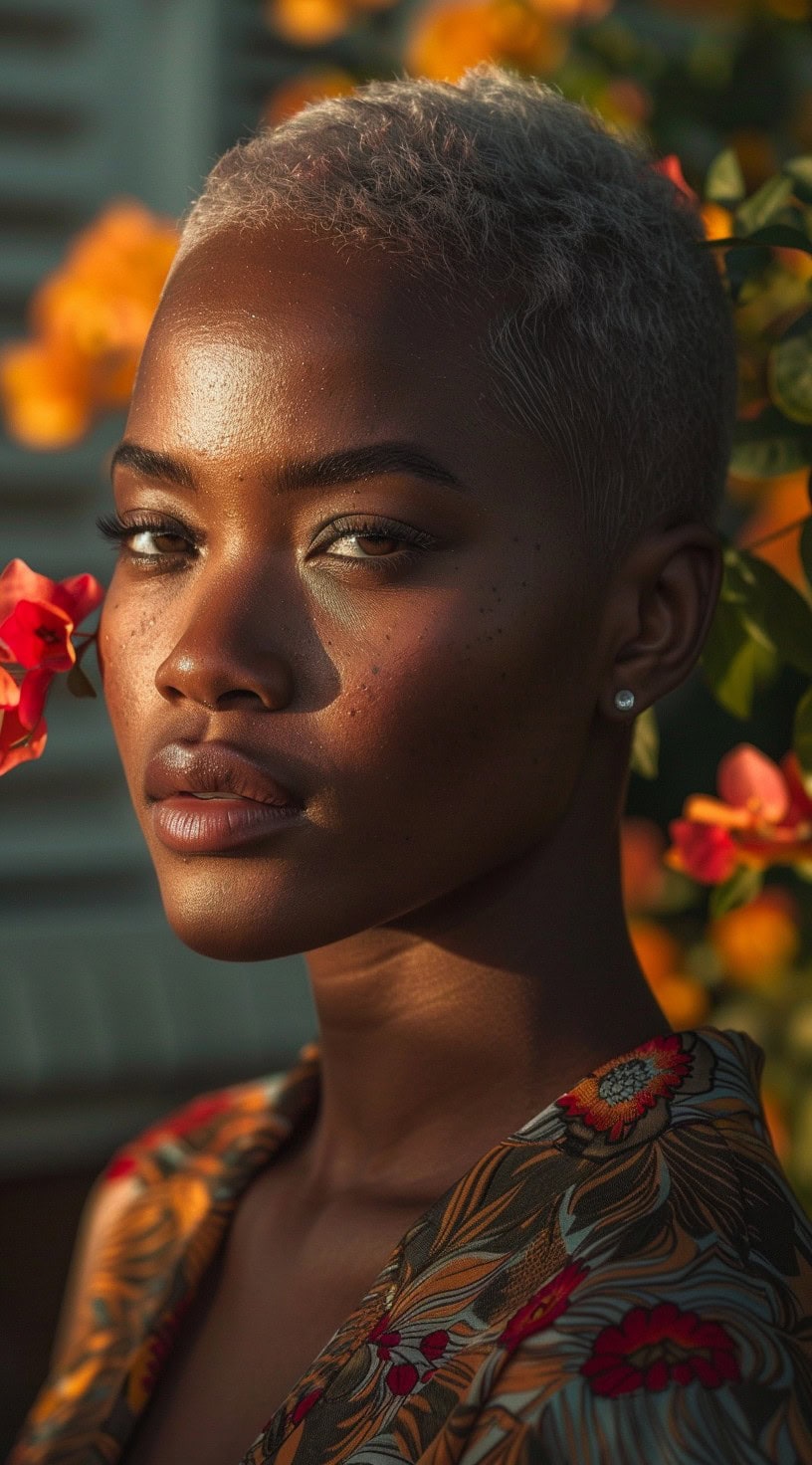 Portrait of a woman with a platinum buzz cut.