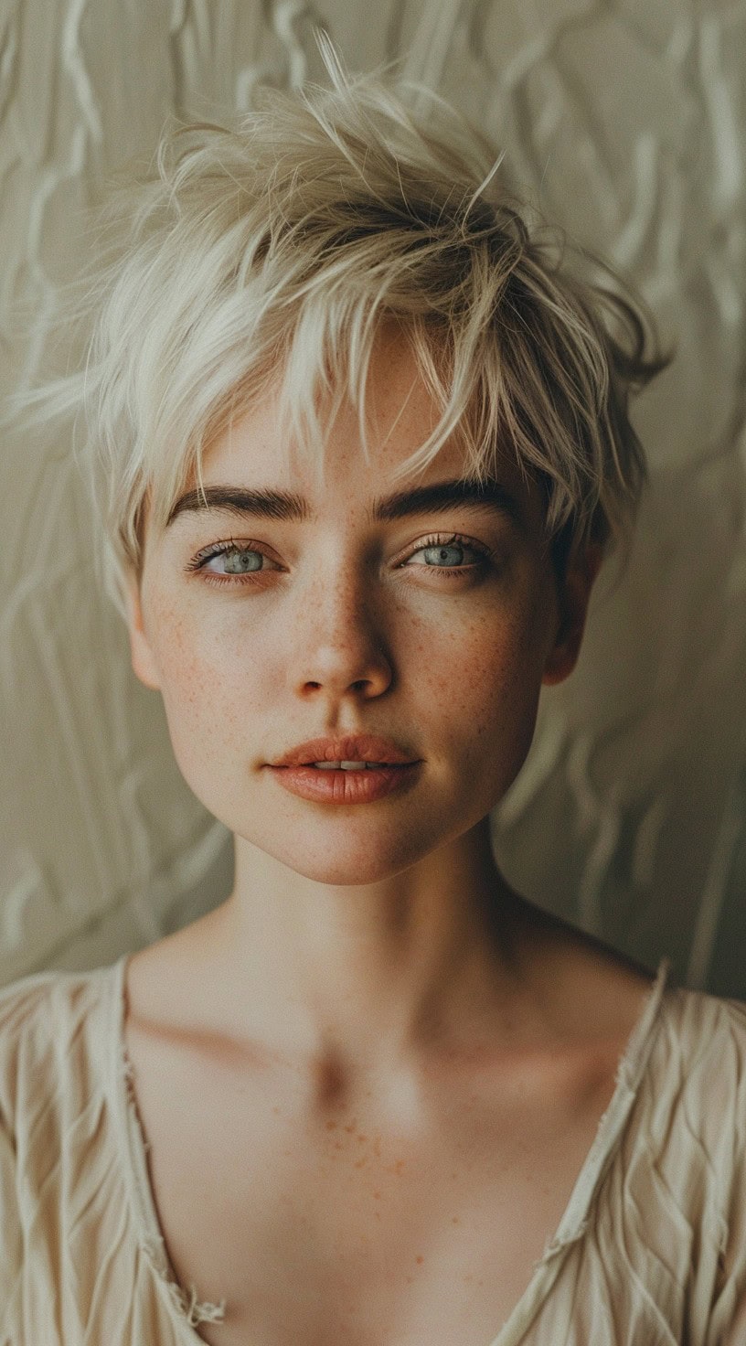 Young woman with a platinum tousled pixie cut and wispy bangs, standing against a textured wall.