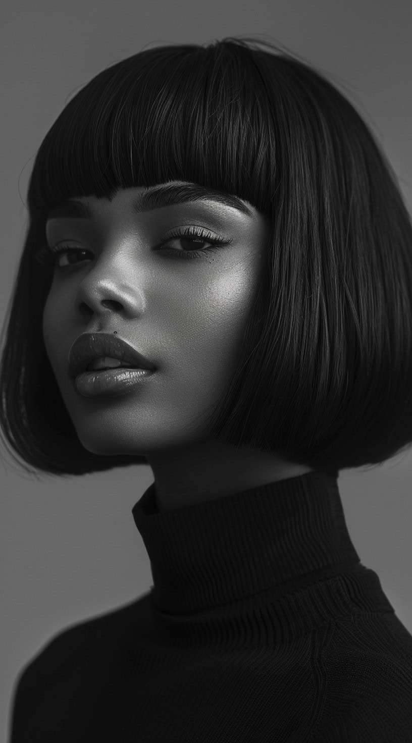 Black and white close-up of a woman with a precision-cut short blunt bob and blunt bangs.