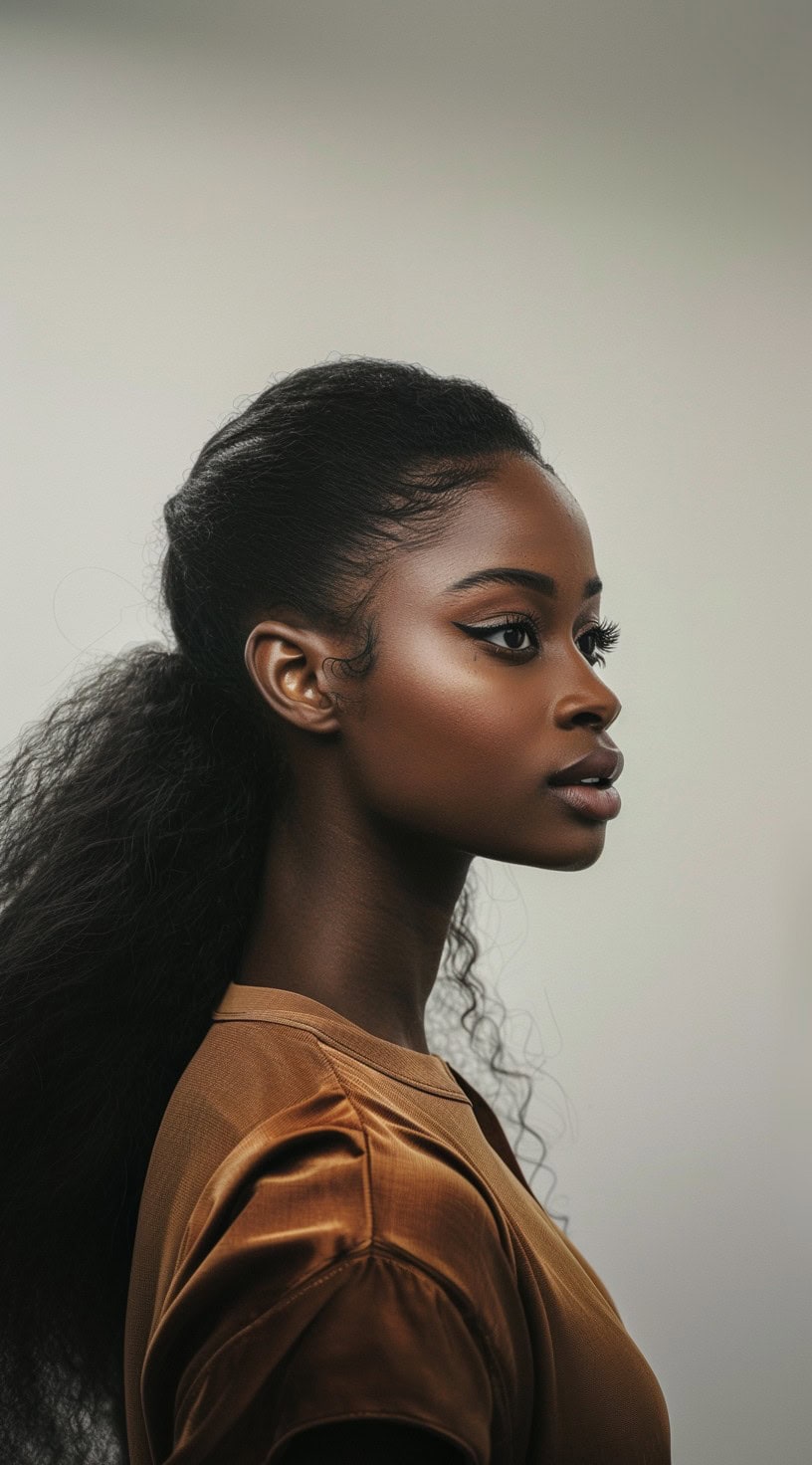 A low puffy ponytail styled with natural hair pulled back, worn by a woman in a mustard top.