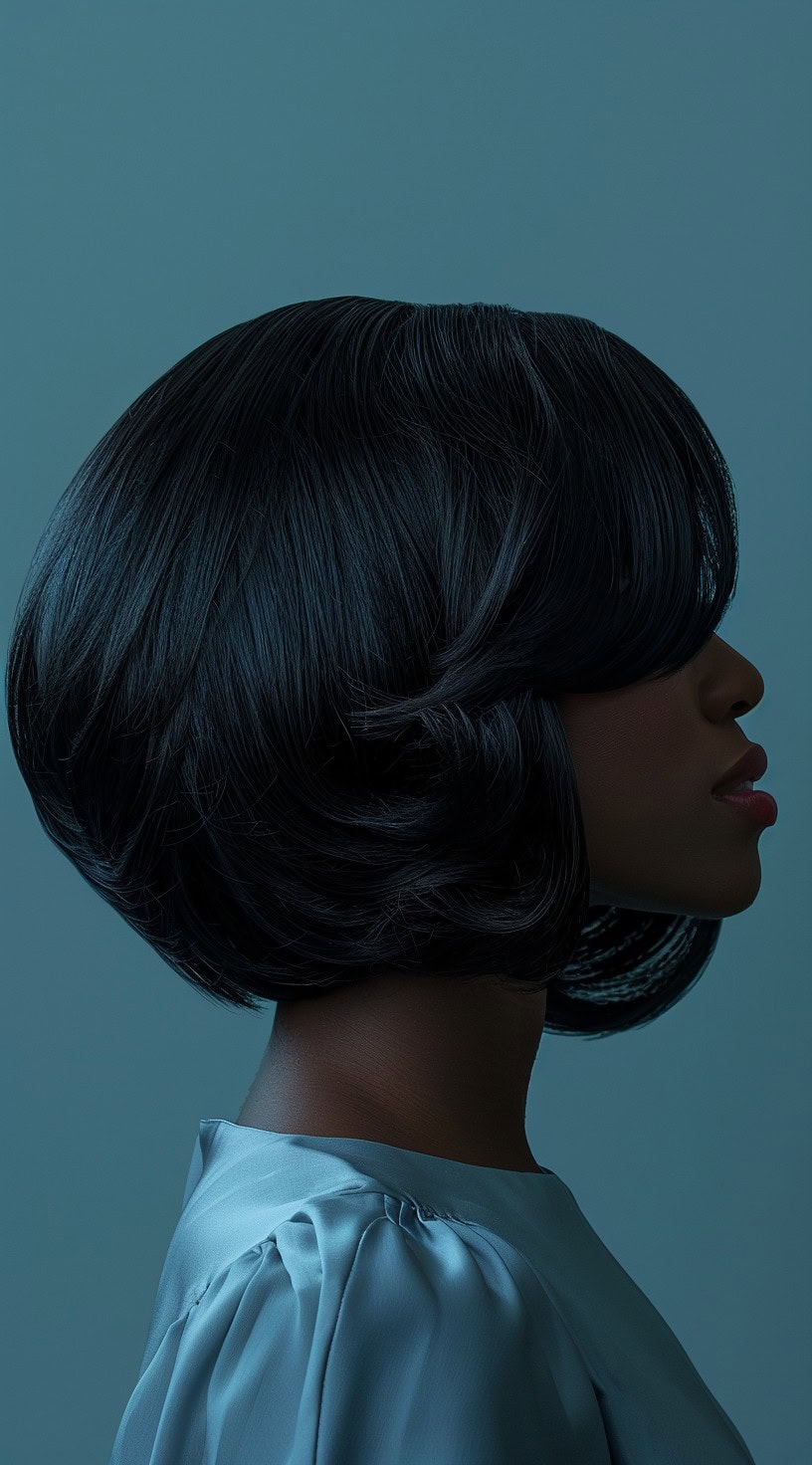 A sleek bob wig styled to perfection on a woman viewed from the side.