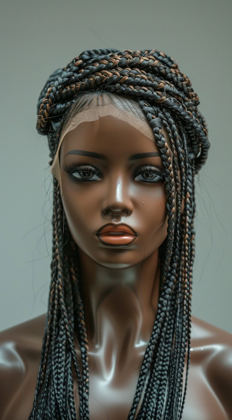 Protective wig styled with intricate braids and a lace front, shown on a mannequin.