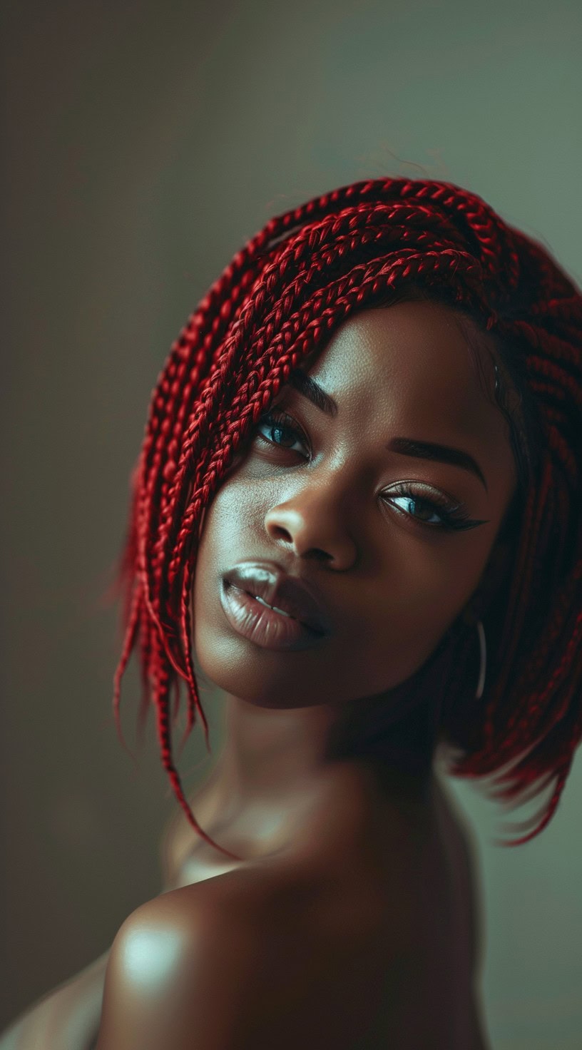 In the photo, a woman with a voluminous red braided bob is shown.