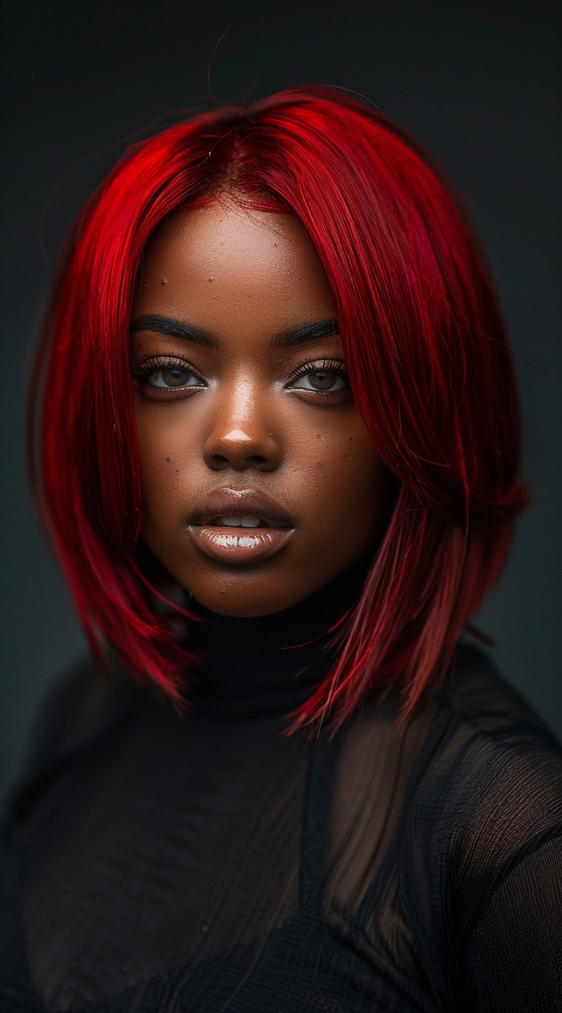 In the photo, a woman with a sleek red frontal bob wig is shown.