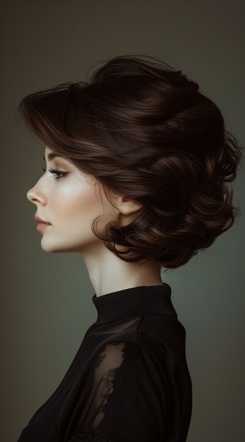 A woman with a retro-styled stacked bob hairstyle, featuring soft curls and volume, is shown in the photo.