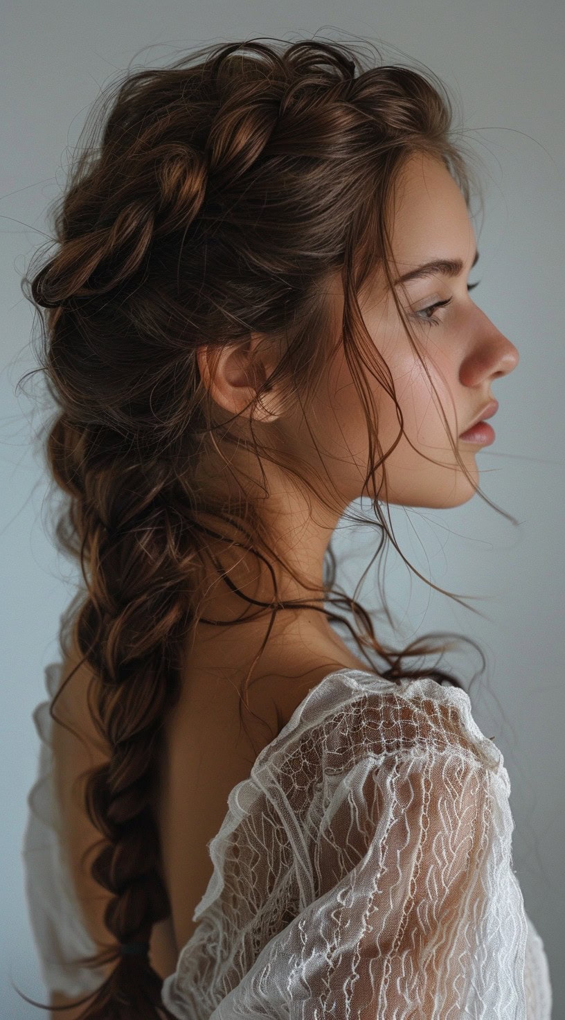 In this photo, a woman with a romantic loose braid and wavy tendrils around her face is shown in profile.