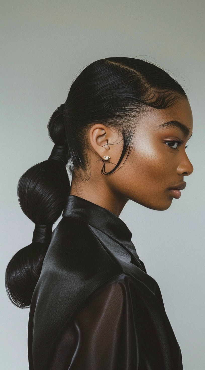 A woman with a sleek ponytail divided into multiple bubble sections, wearing a black shirt.