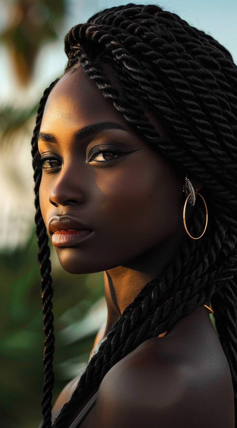 Side profile of a woman with long Senegalese twists.