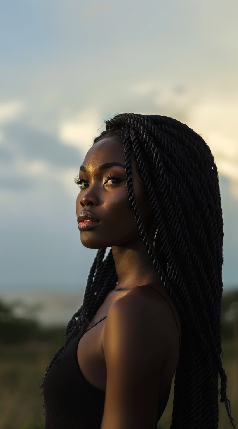 Senegalese twists styled in long, flowing sections on a woman in an outdoor setting.