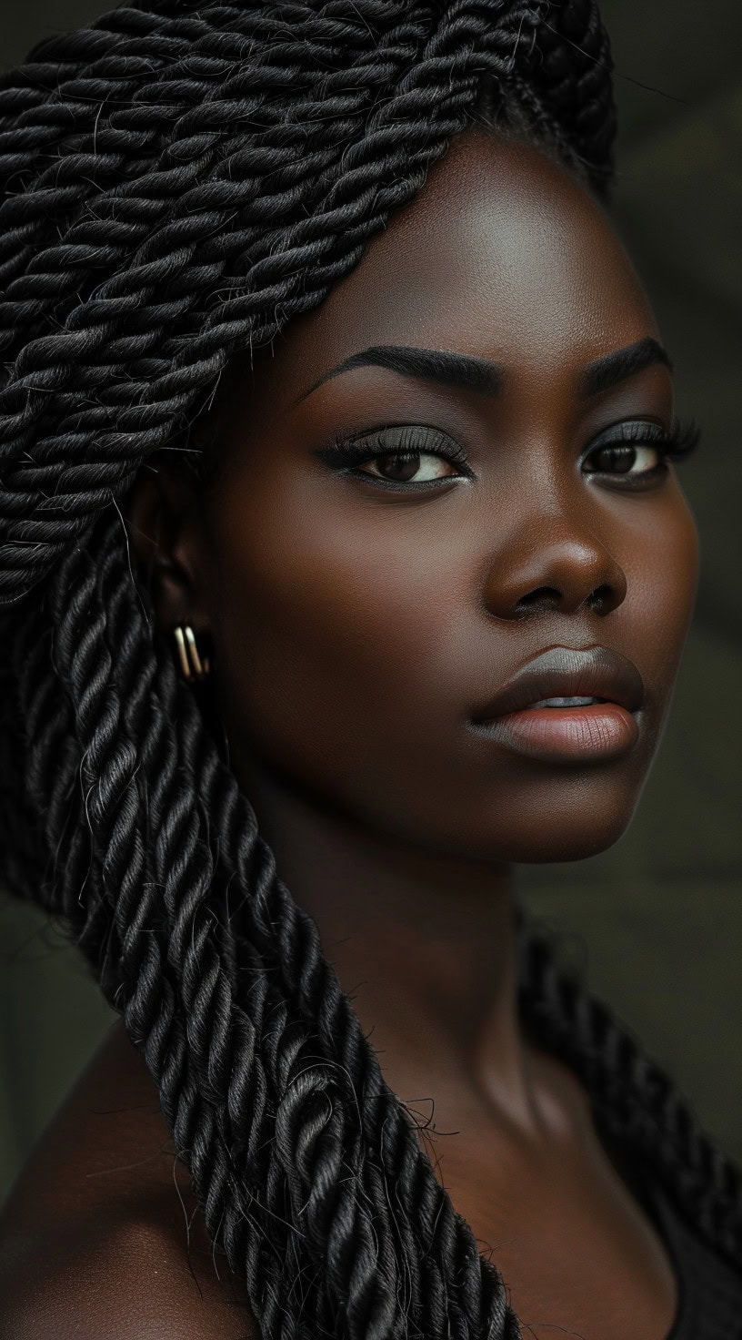 Senegalese twists are long, sleek twists styled with a side part, shown on a woman with a confident expression.