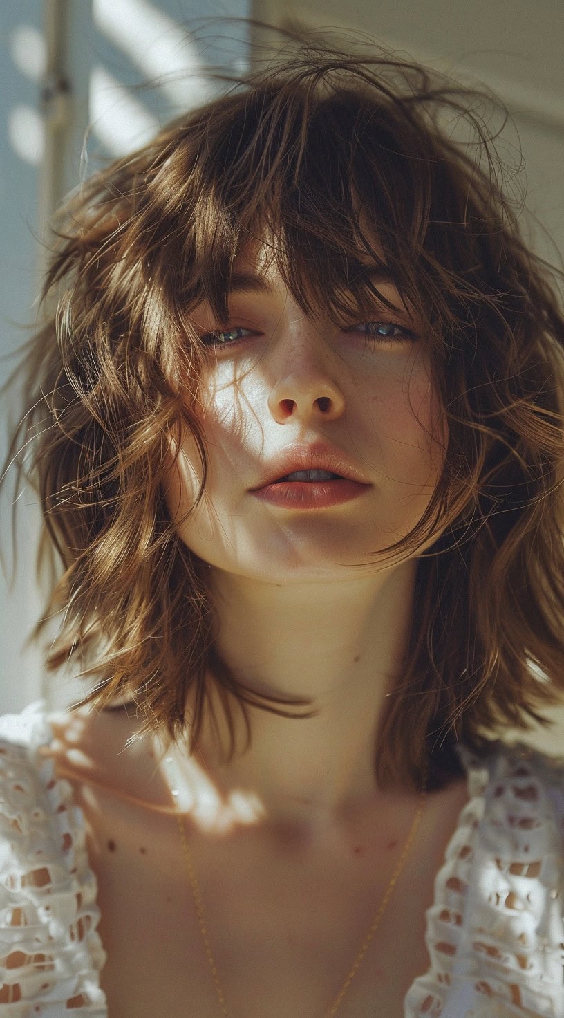 In the photo, a woman with a shaggy lob and choppy layers is bathed in natural sunlight.