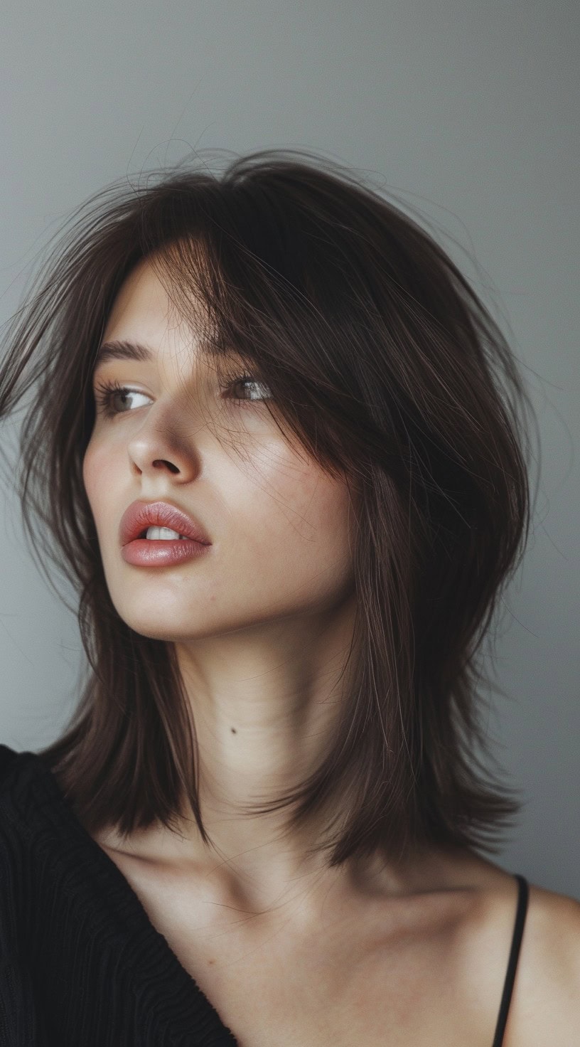 Young woman with a shaggy lob and curtain bangs, looking away.