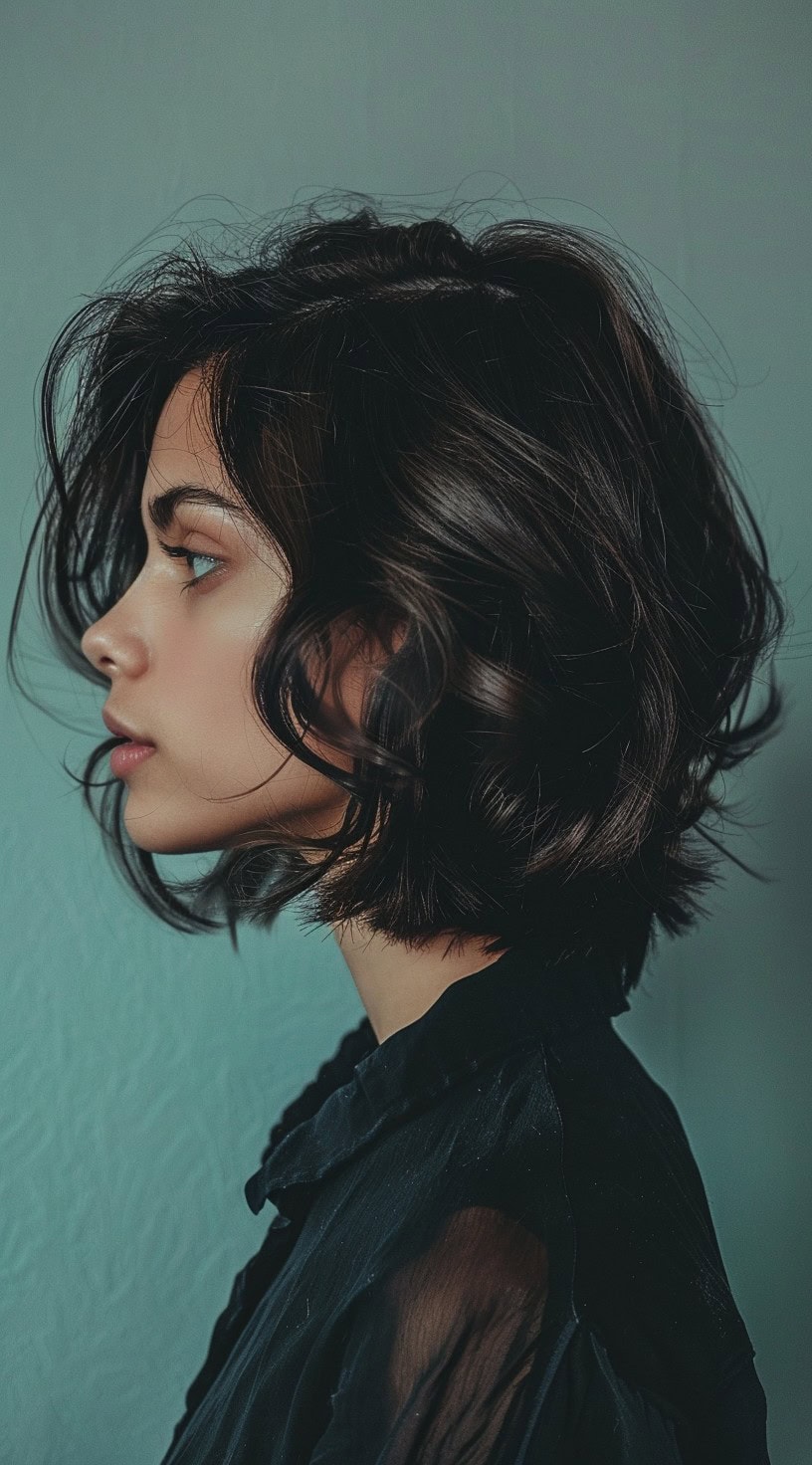 In the photo, a woman with a shaggy stacked bob hairstyle featuring tousled layers is shown from the side.