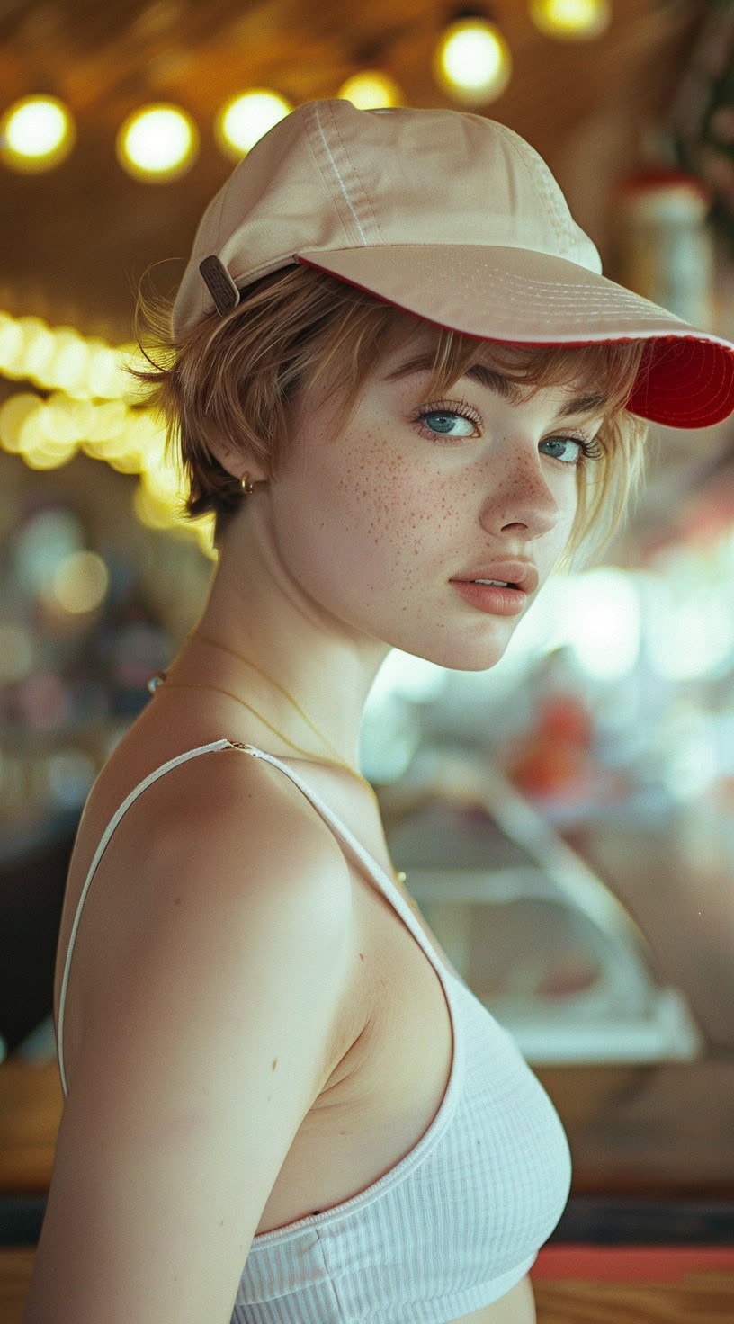 Young woman with a short bob haircut and a beige cap.