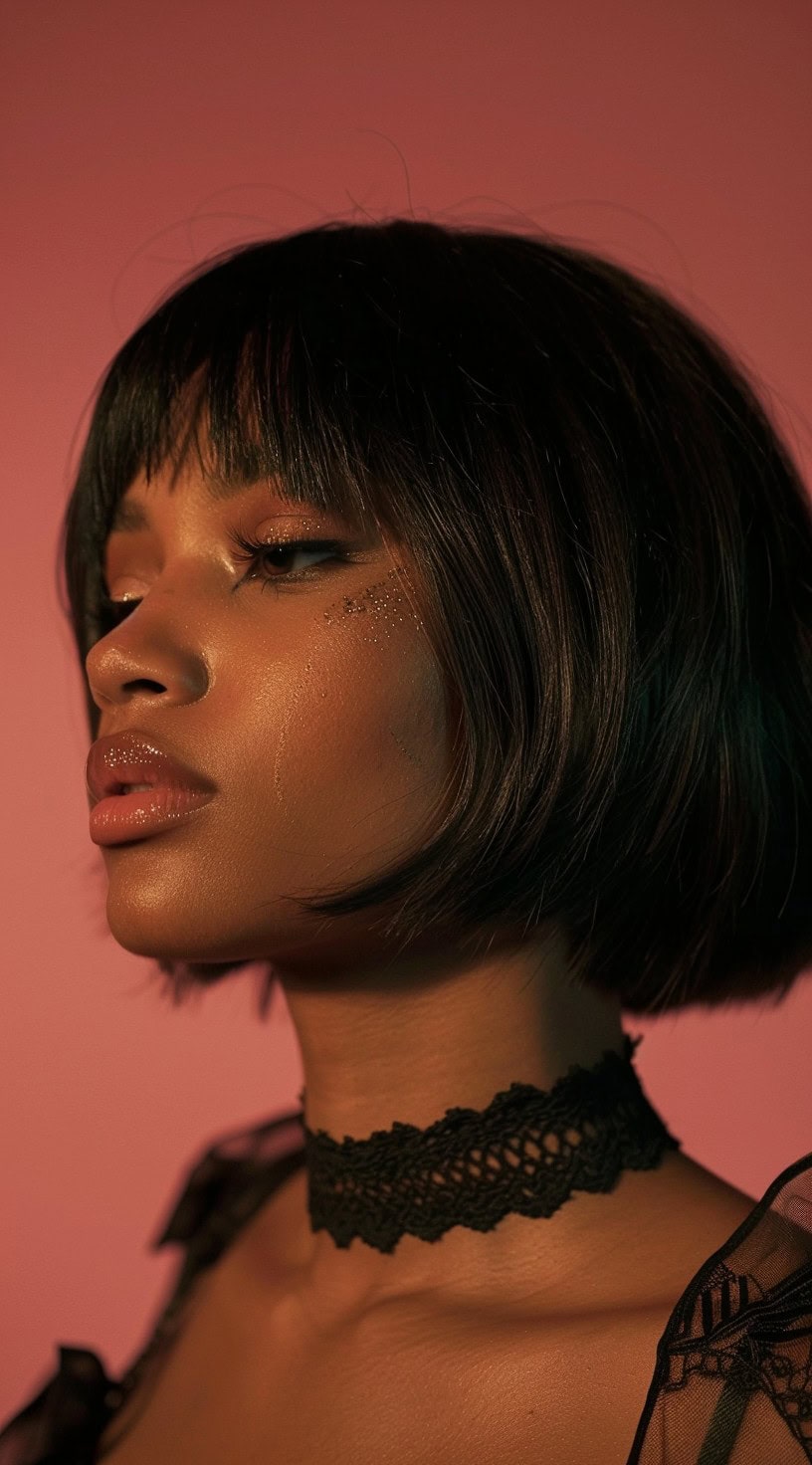 Side profile of a woman with a short bob haircut and blunt bangs, wearing a black choker.