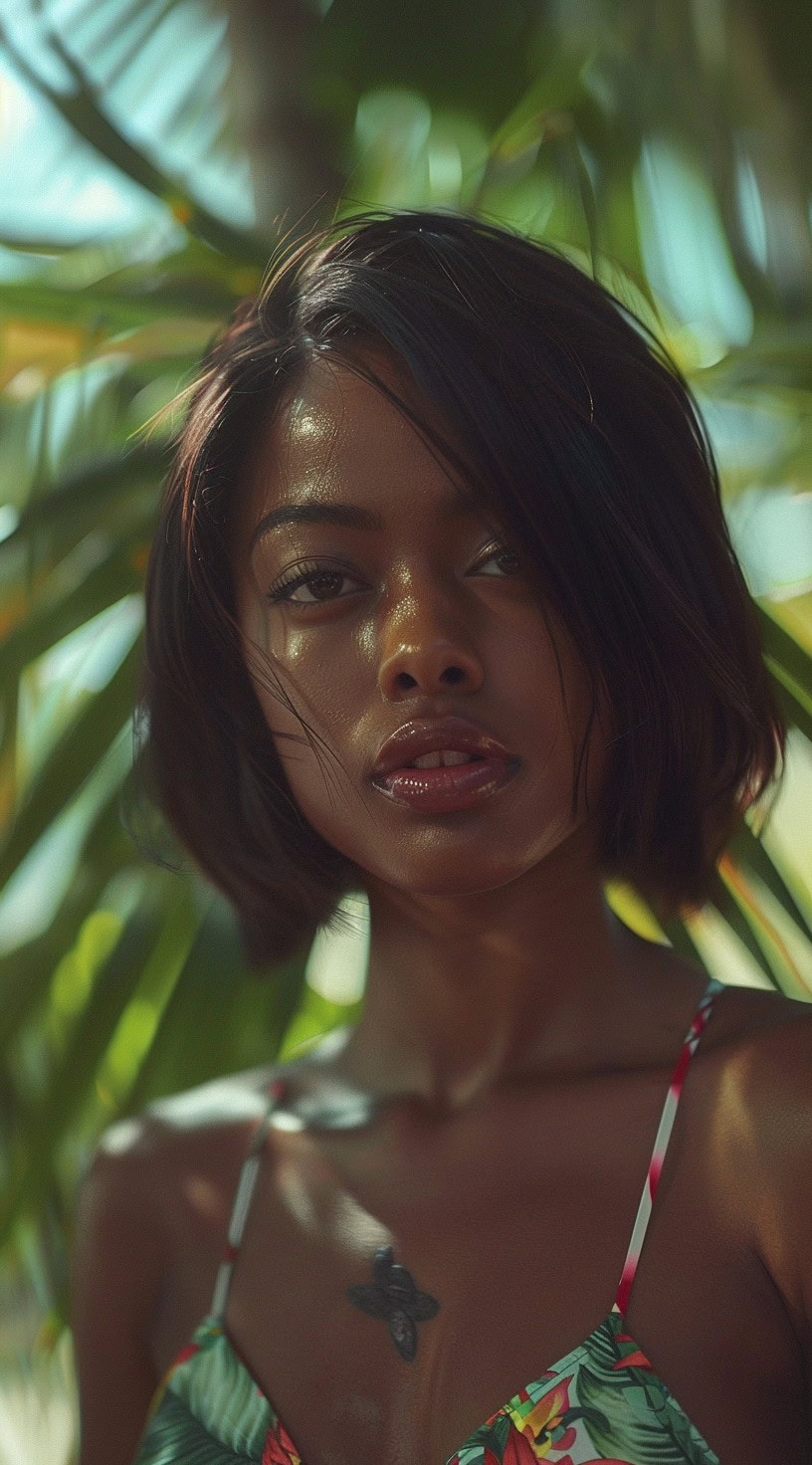 A woman with a short bob and a side part, standing against a background of tropical greenery.