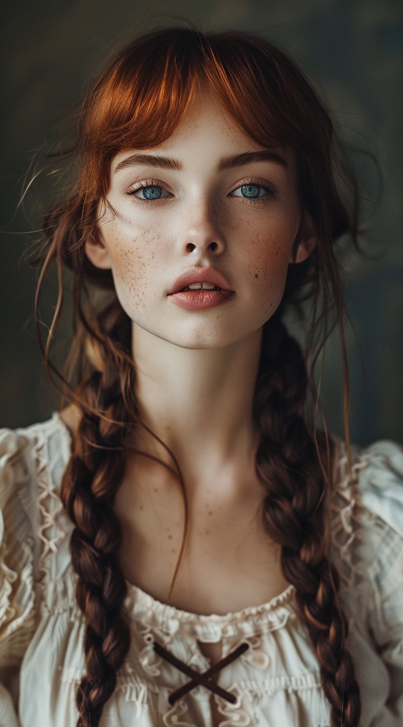 Close-up of a woman with short bottleneck bangs and braided low pigtails, creating a playful and youthful style.