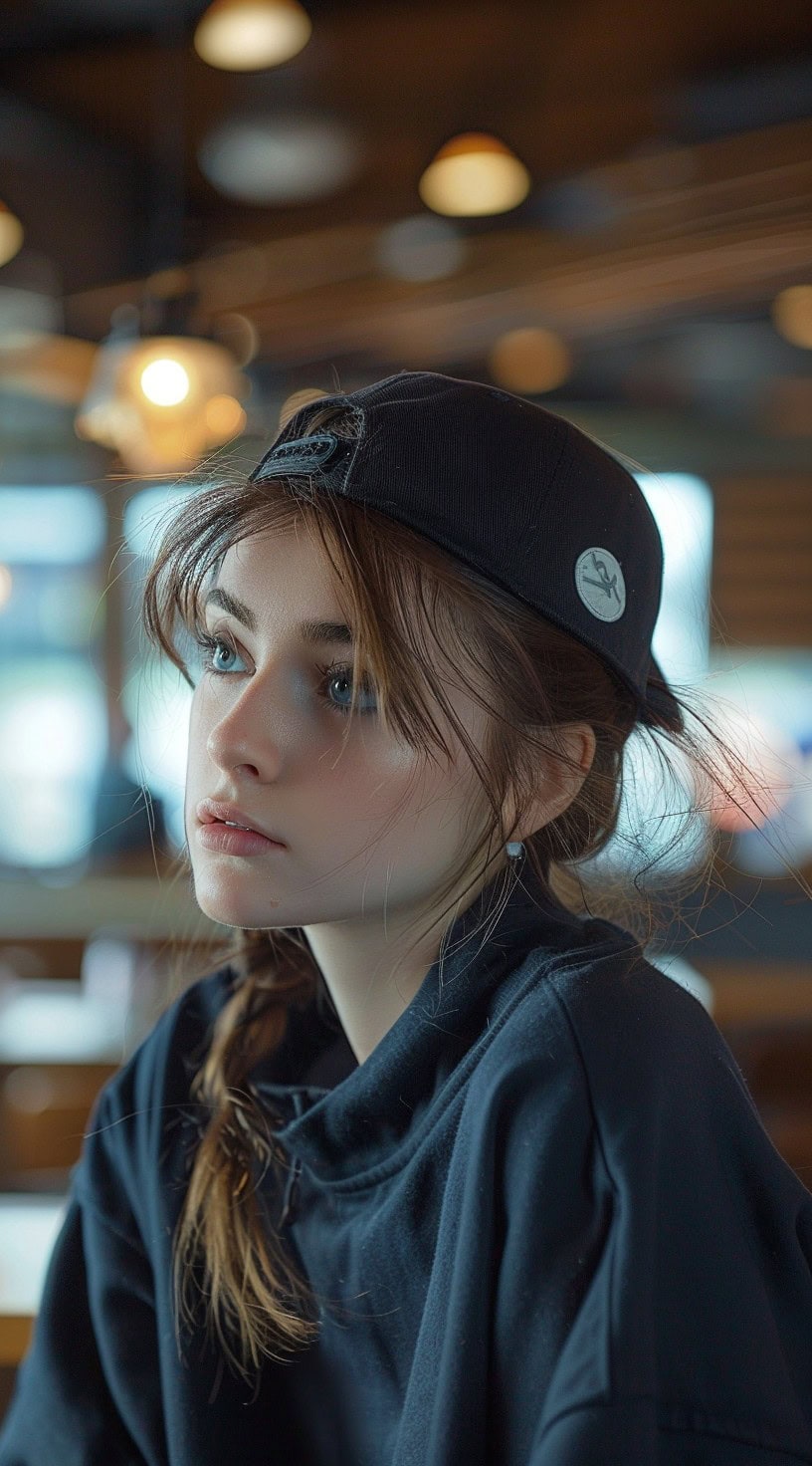 Portrait of a woman with a short braid and bangs, wearing a work hat turned backwards.