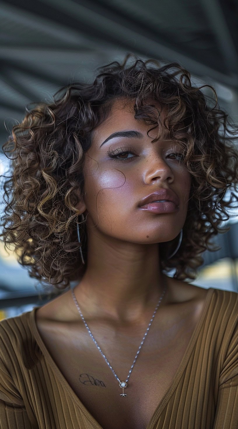 In this photo, a woman with a short curly bob and defined curls is shown with a relaxed expression.