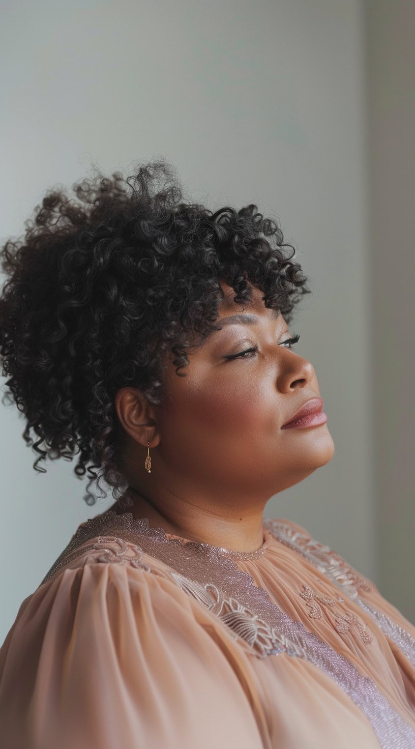 This image shows a black woman with a short curly pineapple updo, her curls piled high on top of her head.