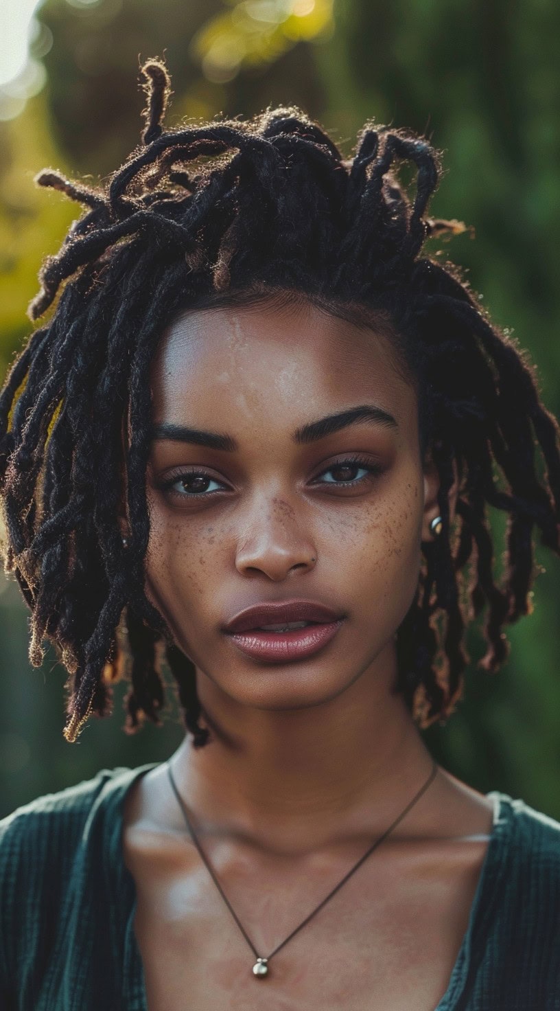 A young black woman with faux short locs, standing outside with a calm expression.