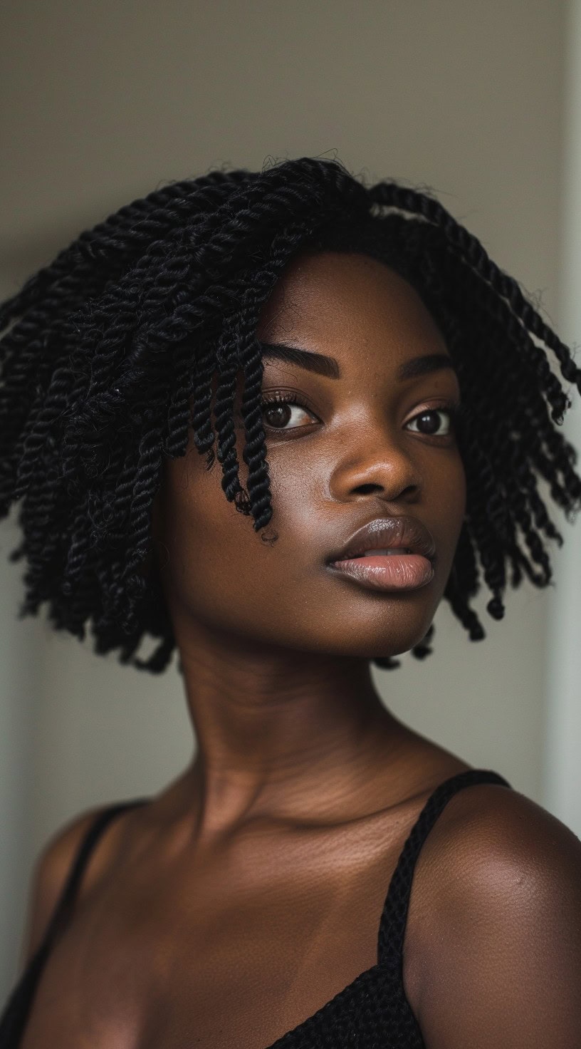 This photo depicts a woman with short, layered crochet twists that create a springy and voluminous effect.