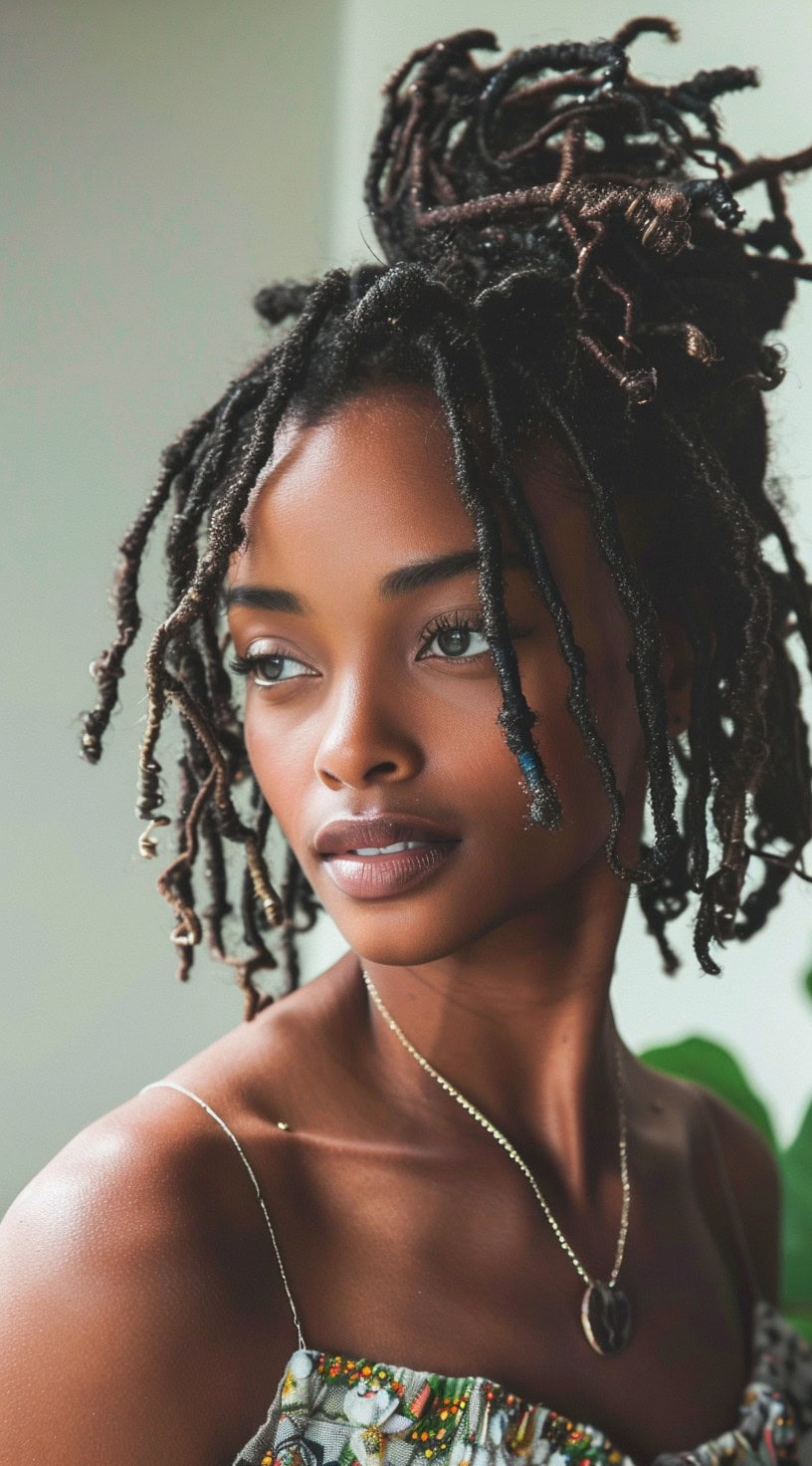 In this photo, a woman with textured thin locs styled in a half-up, half-down look gazes forward.