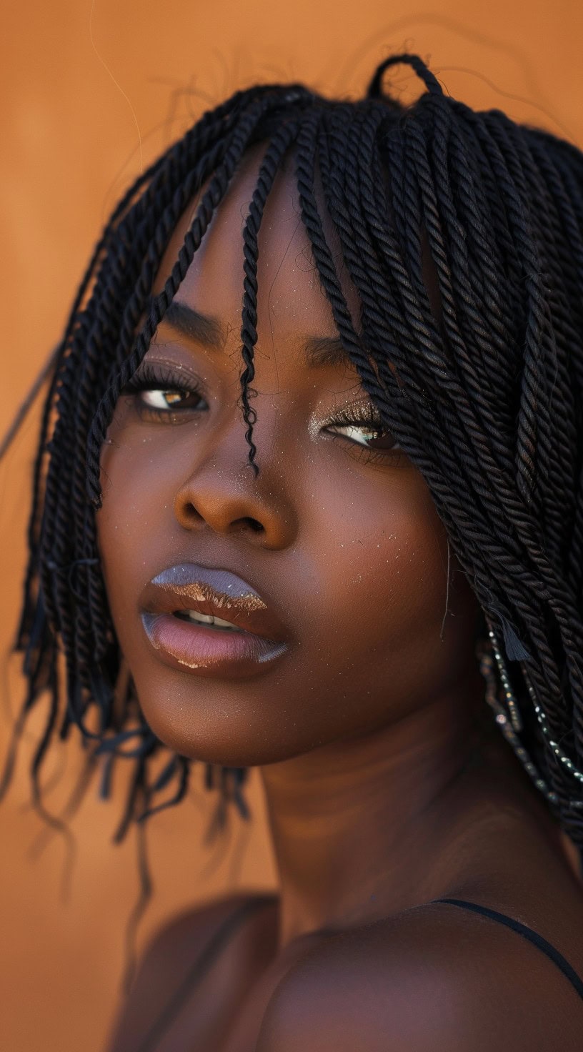 Close-up of a woman with short mini twists.