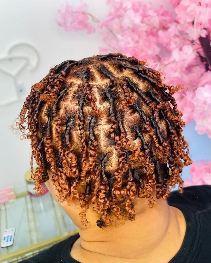 A person with short two-strand twist locs featuring colored ends.