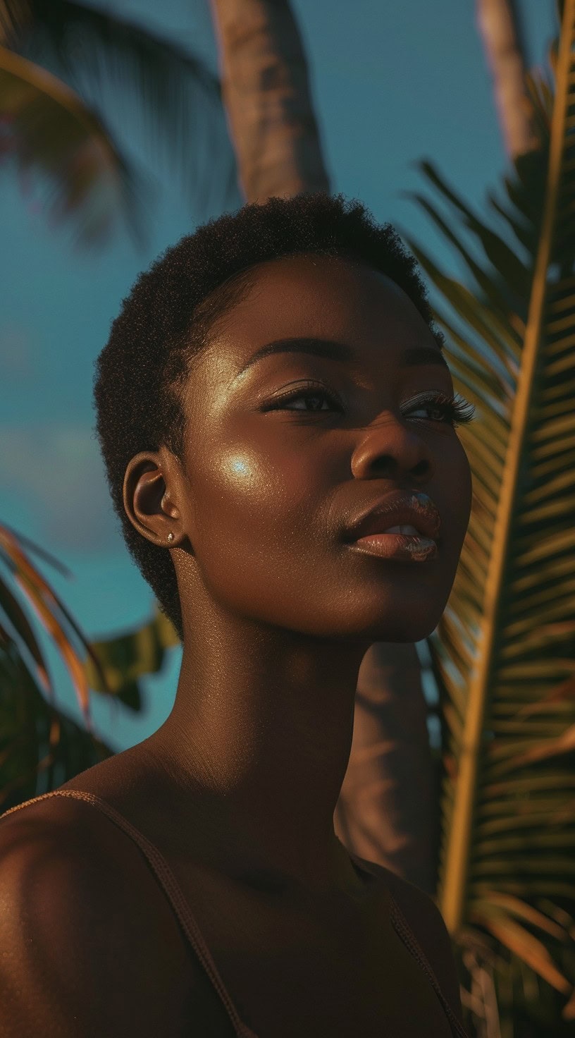 In the photo, a woman with a short, natural TWA (teeny weeny afro) stands in front of palm trees.